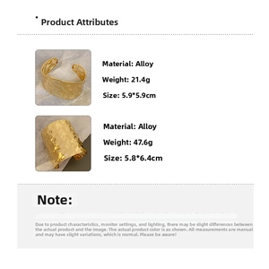 Detail specifications of golden alloy hammered texture bangles in narrow and wide styles