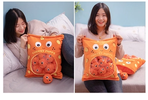 Girl holding creative Cheesy Puffs plush snack bag with cute orange ball dolls inside