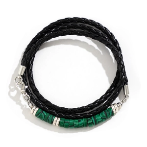 Men's triple-wrap black braided leather bracelet with green malachite-style beads