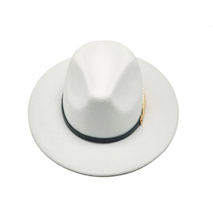 Classic white wool-like fedora hat with black ribbon and gold feather leaf ornament