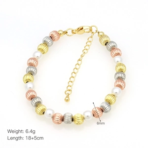 Detail showing 6mm mixed metal beads and white pearls bracelet with size dimensions