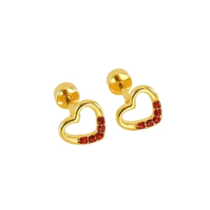 Detailed shot of gold heart earrings with four red gems and secure screw backs