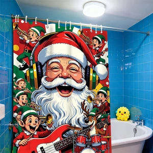 Detail of Christmas shower curtain with Santa Claus and elves in a modern bathroom setup