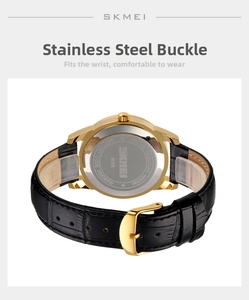 Detail of SKMEI 9058 watch back case with 30M water resistance and leather strap