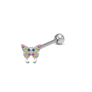 Silver stainless steel butterfly tongue ring with pink, yellow and blue crystal stones