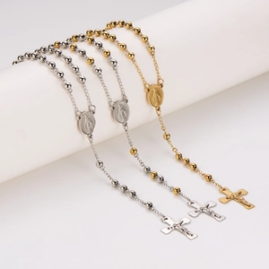 Stainless steel beaded rosary necklaces with crucifix pendants in silver and gold finishes