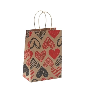 Brown kraft paper Valentine gift bag with red heart patterns and durable hemp rope handle