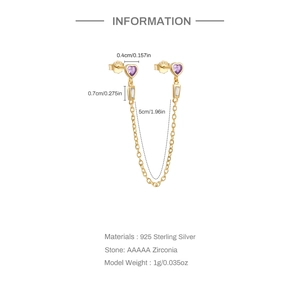 Detail view of 925 sterling silver gold heart earrings with purple zirconia and long chain