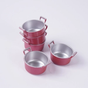 Five-piece set of miniature red dollhouse soup pots with metallic finish for DIY kitchen