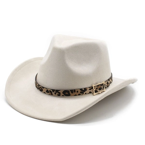 Classic beige suede cowboy hat for men and women featuring a leopard print belt and gold buckle