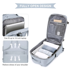 Detail view of large travel backpack featuring a 14-inch laptop compartment and back support