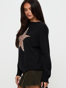 Maglione slim a maniche lunghe da donna con stella leopardata e gonna in velluto a coste