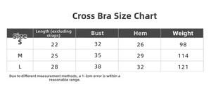 Size guide for seamless sports bra with dimensions for chest, length, and weight in S-L