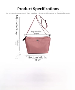 Detailed size chart of pink nylon crossbody bag with 24cm width and adjustable strap