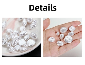 Macro detail of white baroque imitation pearls on a tray and held in hand for jewelry DIY