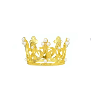 Elegant gold round bridal crown with white pearls and hollow vintage metal design