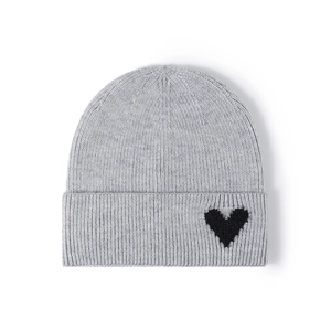 Grey knit beanie with a black heart pattern, warm winter thermal hat for women