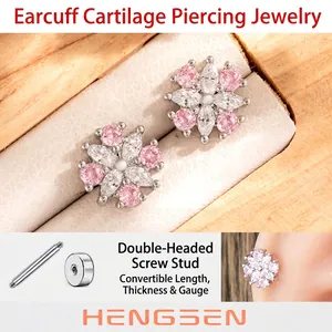 Flower Ear Cartilage Stud Piercing Jewelry Titanium Steel Screw Back Pink White Zircon Floral Helix Tragus Earring For Women