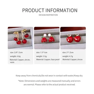 Size chart showing red cherry and apple earrings specifications and jewelry care guide