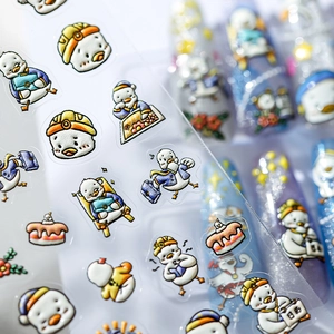 3D embossed cartoon white duck nail stickers with cute hats and vibrant uniform designs