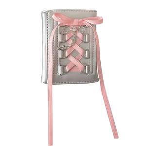Silver ballet-style PU leather wallet with pink ribbon lace-up and diamond bow accent