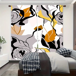 Detail of modern abstract floral pattern curtain in black, white, grey and warm yellow