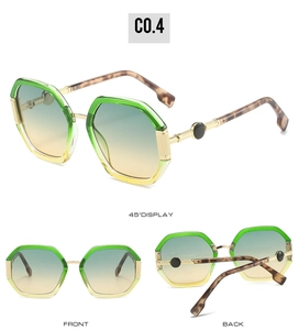 Detailed views of oversized octagonal sunglasses with green to yellow gradient lenses
