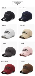 Detail view of baseball cap color options featuring embroidered FARD logo on front