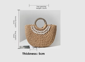 Detail shot of striped straw handbag with natural shell trim and 32cm width measurement