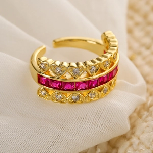 Adjustable gold plated triple layer heart ring with red and white zircon crystals