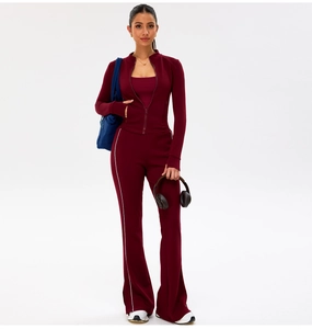 Burgundy five-piece yoga set featuring slim zip jacket and side-striped flare pants