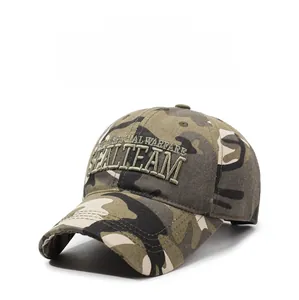 Close-up of Seal Team 3D embroidery on jungle camouflage baseball sun hat
