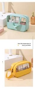 Detail view of large capacity waterproof PU wash bags in mint green and bright yellow