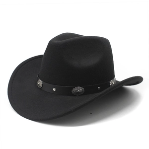Detail of black felt cowboy hat with leather band and vintage silver floral metal conchos