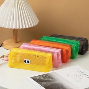 Mesh pencil case set in five colors with cute eye design and large capacity for students