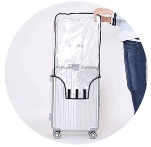 Detail of transparent PVC luggage cover with black trim and velcro strap fastening