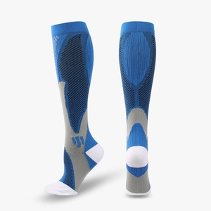 Blue and gray athletic compression socks with reinforced white toe and heel cushioning