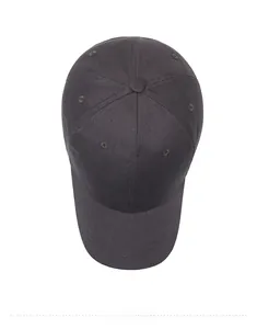 Top view of dark grey baseball cap with white Memorie embroidery and six-panel crown