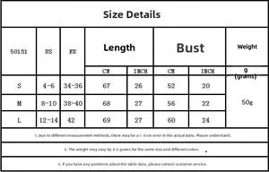 Detailed size chart for lace backless lingerie dress with bust and length measurements