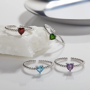 Heart Natural Gemstone Ring 925 Sterling Silver Adjustable Open Band Twisted Rope Garnet Topaz Jewelry For Women