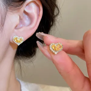 Heart Stud Earrings Gold Plated Copper With Yellow Zircon And White Crystal For Women Silver Earring Post Elegant Sweet