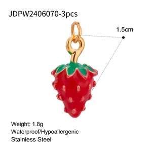 Detailed view of three red enamel strawberry charms in stainless steel with dimensions