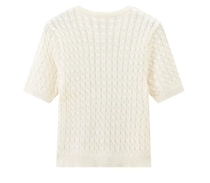Detailed back view of off-white knitted short sleeve cardigan with classic cable stitch
