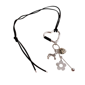 Vintage heart pendant necklace with silver puppy and floral charms on black cord