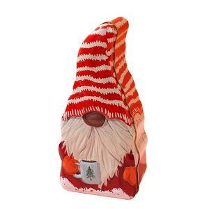 Christmas gnome shaped tinplate box for holiday candies and cookies in red and white