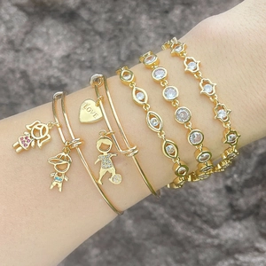 Adjustable Pendant Bracelet Copper Gold Plated With Zircon Cartoon Boy Girl Hamsa Heart Charms For Women Valentine Gift