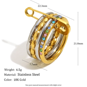 18K gold plated stainless steel multi-layer safety pin ring with colored zirconia stones