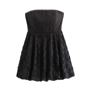 Sexy Schwarzes Trägerloses Minikleid Spitze Floral Patchwork Rückenfrei Hohe Taille Bodycon Party Club Nachtclub Damen