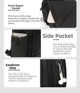 Detail view of front zipper pocket, side elastic buckle pouch, and headphone port on bag