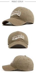 Detailed views of a khaki washed cotton baseball cap with Florida embroidery